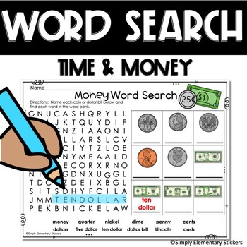 Preview of Telling Time and Money 2nd Grade Math Vocabulary Word Search Puzzles-Worksheets