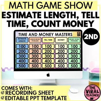 Preview of Telling Time and Money Word Problems 2nd Grade Math Review PowerPoint™ Game Show