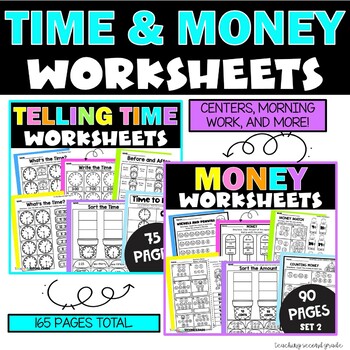 Preview of Telling Time and Money Worksheets - 1st 2nd Grade Math Practice Tubs Centers