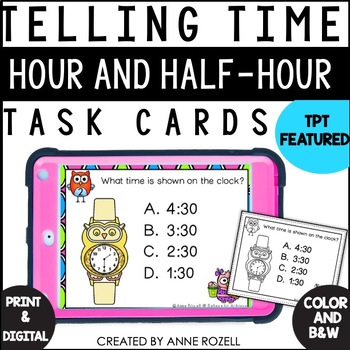 Preview of Telling Time to Hour and Half-hour Task Cards | TPT Featured