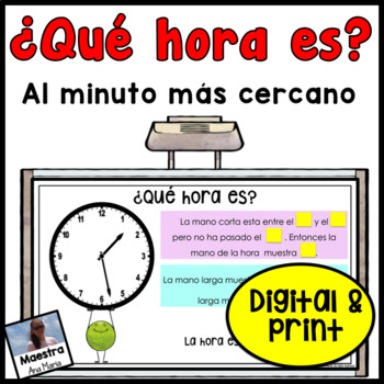 Preview of Telling Time to the Nearest Minute in Spanish - La hora - Google Slides - Print