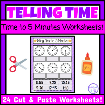 Preview of Telling Time to 5 Minutes Cut and Paste Worksheets Special Education Math Center