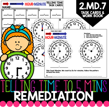 Preview of Telling Time to 5 Minutes Remediation Workbook & Task Cards
