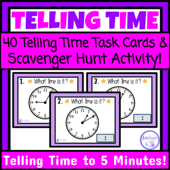 Preview of Telling Time to 5 Minutes Task Cards Write the Room Math Scavenger Hunt SPED