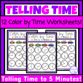 Preview of Telling Time to 5 Minutes Worksheets Color By Time Packet Special Education Math