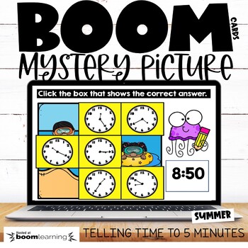 Preview of Telling Time to 5 minutes Mystery Picture Boom Cards™ Distance Learning