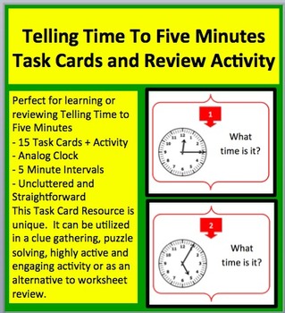Preview of Telling Time to Five Mintues - Task Cards and Engaging Review Activity