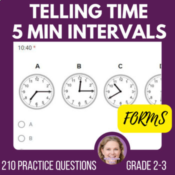 Preview of Telling Time to Five Minute Intervals Math Review Questions for Grade 2 and 3 