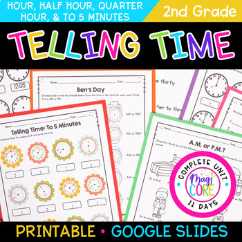 Preview of Telling Time to Five Minutes - 2nd Grade Math 2.MD.C.7 Worksheets Activities