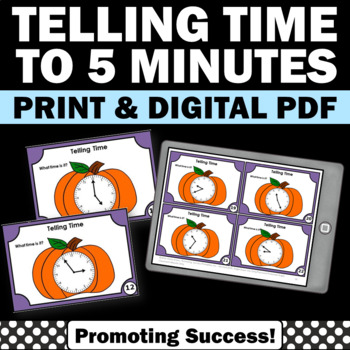 Preview of Thanksgiving Math 2nd Grade 3rd Task Cards Telling Time to the Nearest 5 Minutes