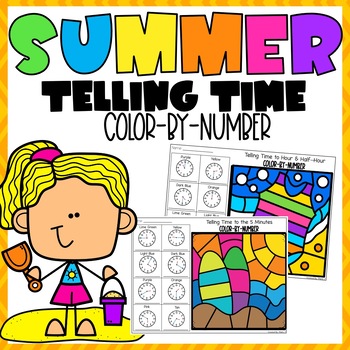 Preview of Telling Time to Hour, Half-Hour, Quarter & 5 Minutes | Summer Color-By-Cod