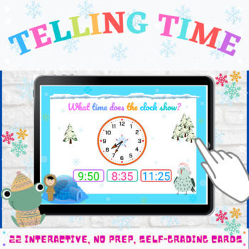 Preview of Telling Time to the 5 Minutes Winter Math Boom Cards 1st Grade Math Digital Math