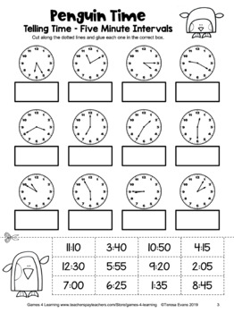 free telling time worksheet for 5 minute intervals cut and