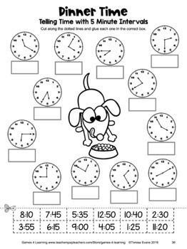 telling time to the 5 minutes games cut and paste worksheets and color