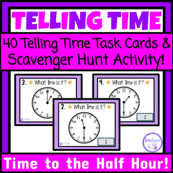 Preview of Telling Time to the Half Hour Task Cards Write the Room Math Scavenger Hunt SPED