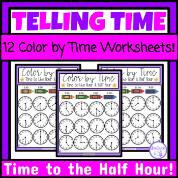 Preview of Telling Time to the Half Hour Worksheets Color By Time Packet Special Education