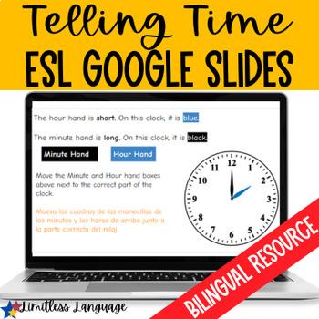 Preview of Telling Time to the Hour BILINGUAL Google Slides Activity for ESL