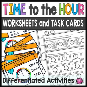 Preview of Telling Time to the Hour Worksheets & Task Cards - 1st Grade TIME to the Hour