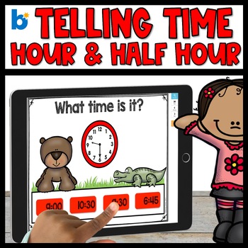 Preview of Telling Time Boom Cards Hour & Half Hour Game Math Task Cards 1st Grade No Prep