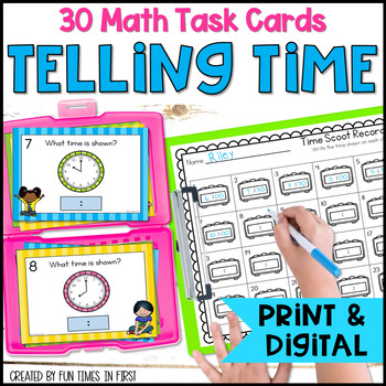 Preview of Telling Time to the Hour and Half Hour Math Task Cards - Print and Google Slides