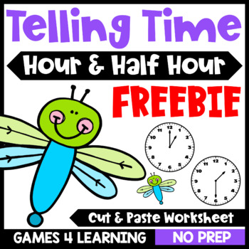 Preview of Free Telling Time Worksheet for to the Hour and Half Hour Cut and Paste