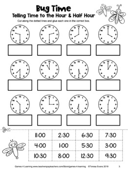 free telling time worksheet for to the hour and half hour cut and paste