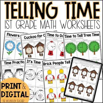 Preview of Telling Time to the Hour and Half Hour Worksheets & Activities - 1st Grade Math