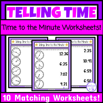 Preview of Telling Time to the Minute Matching Worksheets Packet Special Education Math