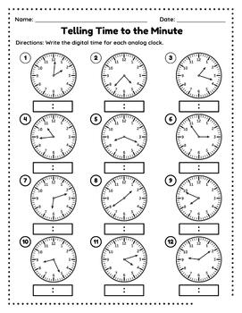 Preview of Telling Time to the Minute - Worksheet Pack