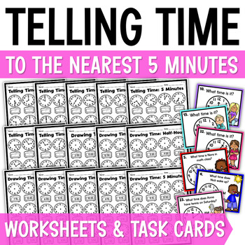 Preview of Telling Time to the Nearest 5 Minutes Worksheets, Time Task Cards, Analog Clocks