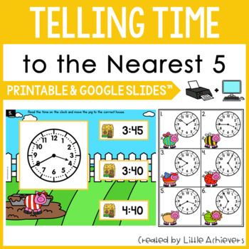 Preview of Telling Time to the Nearest 5 Minutes Task Cards and Google Slides™