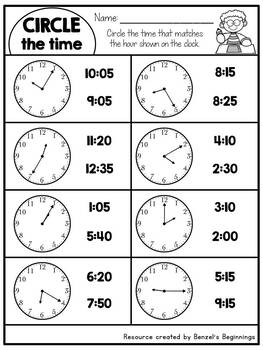 Telling Time to the Nearest 5 Minutes NO PREP Printables by Benzel's