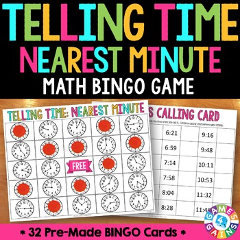 Preview of Telling Time to the Nearest Minute Bingo Game Activity Practice Centers Review