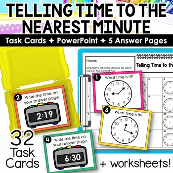 Preview of Telling Time to the Nearest Minute with Analog & Digital Clocks Task Cards 3MD1