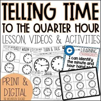 Preview of Telling Time to the Quarter Hour Worksheets | 1st or 2nd Grade Activities