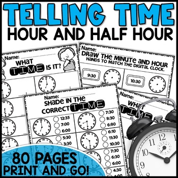Preview of Telling Time to the hour and half hour Worksheets 1st Grade Math Review No Prep