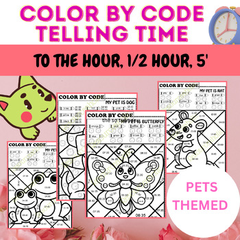 Preview of Telling time Color by code to the nearest 5 minutes worksheets (All about PET)