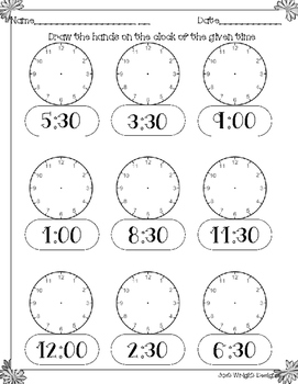 Telling time to half hour printable worksheet analog clock ...