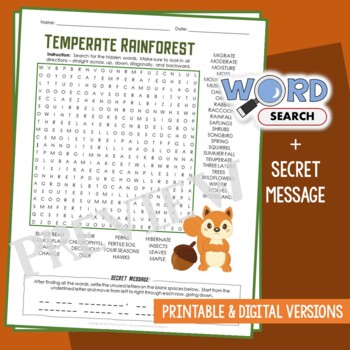 Preview of Biome/Ecosystem: Deciduous Temperate Rainforest Word Search Activity Worksheet