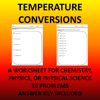 Preview of Temperature Conversions 10 Problems With Answers