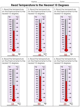 Preview of Temperature: Read to Nearest 10 Celsius Fahrenheit Thermometers Practice Sheets