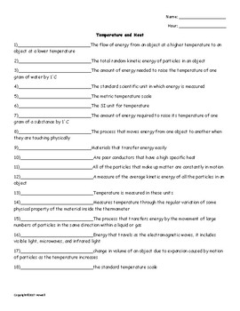 temperature and heat quiz or worksheet for physical science tpt