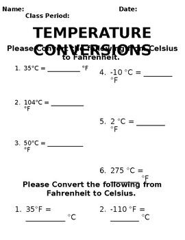 Preview of Temperature conversions practice assignment
