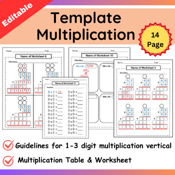 Preview of Template Multiplication vertical 1-3 digit Worksheet multiply Table Editable