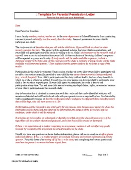 Preview of Parental permission template letter for their child to participate in a study