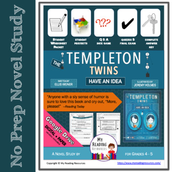 Preview of Templeton Twins Have an Idea Novel Study  Print + DIGITAL + PART A,B Questions