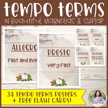Preview of Tempo Terms Posters & Flash Cards - Magnolias & Shiplap Music Classroom Decor