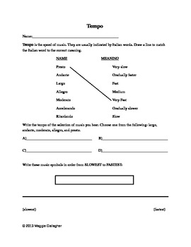 Tempo Worksheet Grade 3-12 by Maggie's Muses | Teachers Pay Teachers
