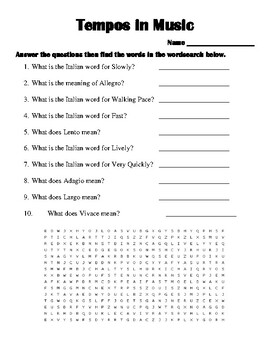 Preview of Tempos in Music Worksheet & Word search