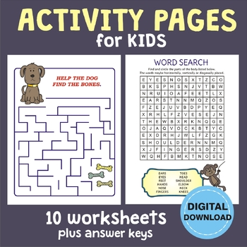 Preview of Activity Pages for Kids (Word Find, Mini Crossword, Spot the Difference)
